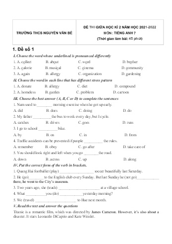 Đề thi giữa học kì 2 môn Tiếng Anh Lớp 7 - Năm học 2021-2022 - Trường THCS Nguyễn Văn Bé (Có đáp án)