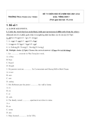 Đề thi giữa học kì 2 môn Tiếng Anh Lớp 7 - Năm học 2021-2022 - Trường THCS Phan Chu Trinh (Có đáp án)