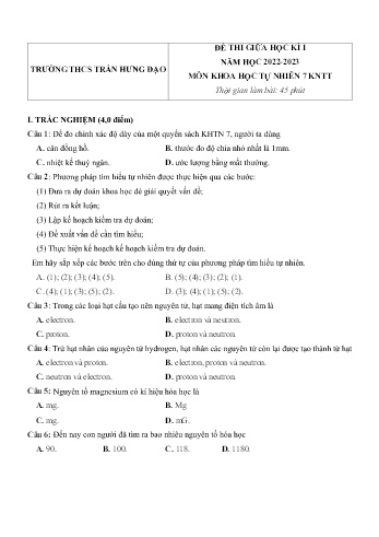 Đề thi giữa học kì I môn Khoa học tự nhiên Lớp 7 (Kết nối tri thức và cuộc sống) - Năm học 2022-2023 - Trường THCS Trần Hưng Đạo (Có đáp án)