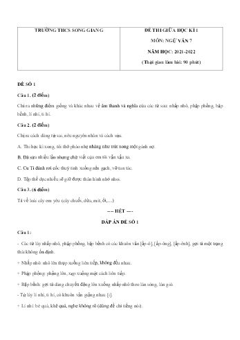 Đề thi giữa học kì I môn Ngữ văn Lớp 7 - Năm học 2021-2022 - Trường THCS Song Giang (Có đáp án)