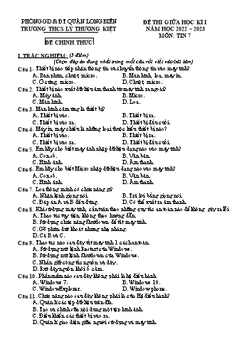 Đề thi giữa học kì I môn Tin học Lớp 7 - Năm học 2022-2023 - Trường THCS Lý Thường Kiệt