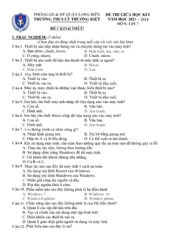 Đề thi giữa học kì I môn Tin học Lớp 7 - Năm học 2023-2024 - Trường THCS Lý Thường Kiệt