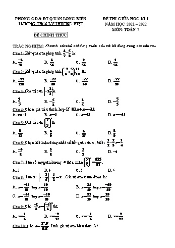 Đề thi giữa học kì I môn Toán Lớp 7 - Năm học 2021-2022 - Trường THCS Lý Thường Kiệt (Có đáp án)