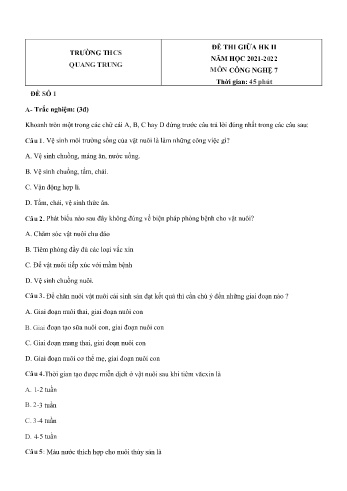 Đề thi giữa học kì II môn Công nghệ Lớp 7 - Năm học 2021-2022 - Trường THCS Quang Trung (Có đáp án)