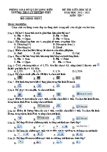Đề thi giữa học kì II môn Tin học Lớp 7 - Năm học 2021-2022 - Trường THCS Lý Thường Kiệt
