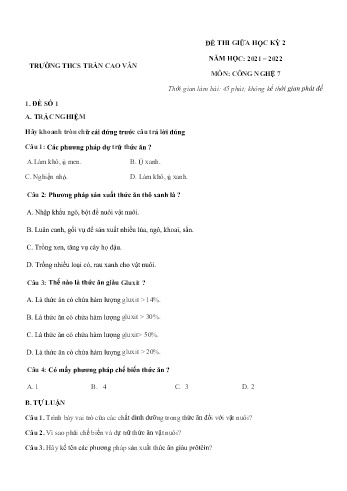 Đề thi giữa học kỳ 2 môn Công nghệ Lớp 7 - Năm học 2021-2022 - Trường THCS Trần Cao Văn (Có đáp án)