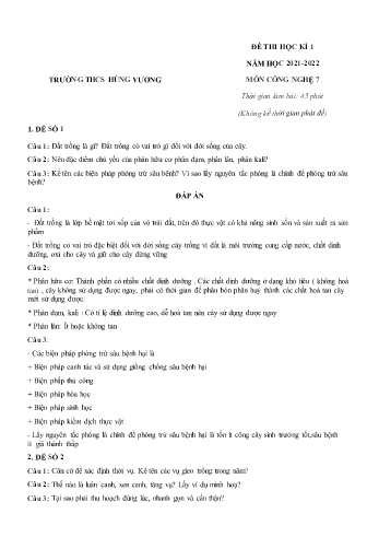 Đề thi học kì 1 môn Công nghệ Lớp 7 - Năm học 2021-2022 - Trường THCS Hùng Vương (Có đáp án)