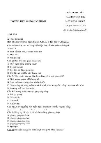 Đề thi học kì 1 môn Công nghệ Lớp 7 - Năm học 2021-2022 - Trường THCS Lương Tân Thịnh (Có đáp án)