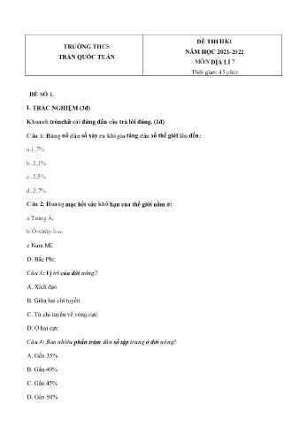 Đề thi học kì 1 môn Địa lí Lớp 7 - Năm học 2021-2022 - Trường THCS Trần Quốc Tuấn (Có đáp án)