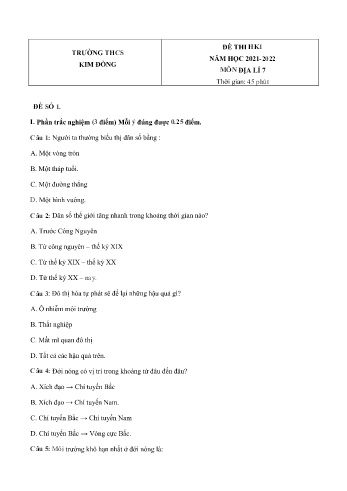 Đề thi học kì 1 môn Địa lí Lớp 7 - Năm học 2021-2022 - Trường THCS Kim Đồng (Có đáp án)