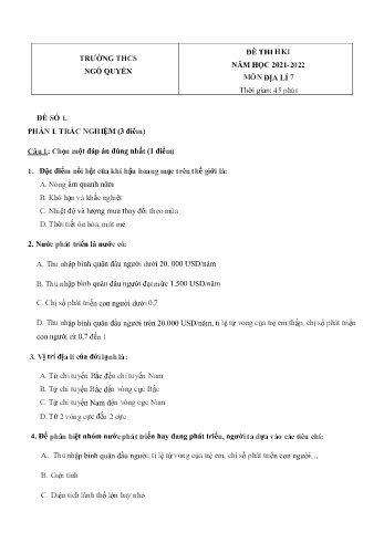 Đề thi học kì 1 môn Địa lí Lớp 7 - Năm học 2021-2022 - Trường THCS Ngô Quyền (Có đáp án)