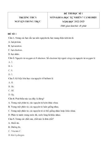 Đề thi học kì 1 môn Khoa học tự nhiên Lớp 7 (Cánh diều) - Năm học 2022-2023 - Trường THCS Nguyễn Trung Trực (Có đáp án)