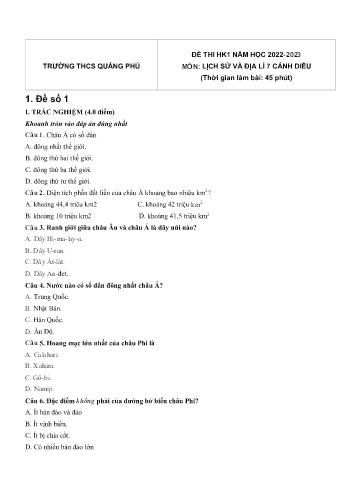 Đề thi học kì 1 môn Lịch sử và Địa lí Lớp 7 (Cánh diều) - Năm học 2022-2023 - Trường THCS Quảng Phú (Có đáp án)