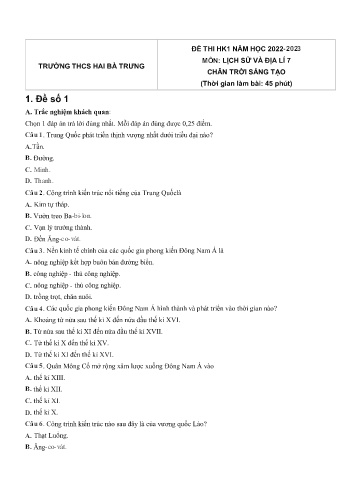 Đề thi học kì 1 môn Lịch sử và Địa lí Lớp 7 (Chân trời sáng tạo) - Năm học 2022-2023 - Trường THCS Hai Bà Trưng (Có đáp án)