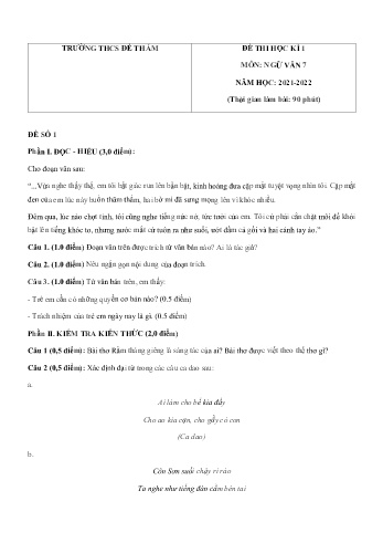Đề thi học kì 1 môn Ngữ văn Lớp 7 - Năm học 2021-2022 - Trường THCS Đề Thám (Có đáp án)