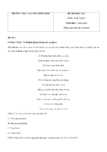 Đề thi học kì 1 môn Ngữ văn Lớp 7 - Năm học 2021-2022 - Trường THCS Nguyễn Hồng Đào (Có đáp án)