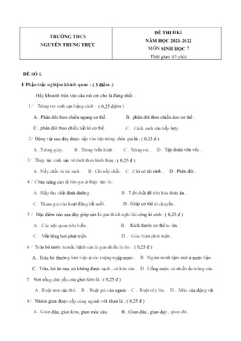 Để thi học kì 1 môn Sinh học Lớp 7 - Năm học 2021-2022 - Trường THCS Nguyễn Trung Trực (Có đáp án)