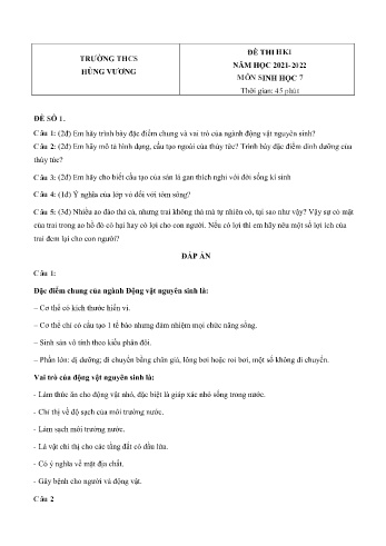 Đề thi học kì 1 môn Sinh học Lớp 7 - Năm học 2021-2022 - Trường THCS Hùng Vương (Có đáp án)