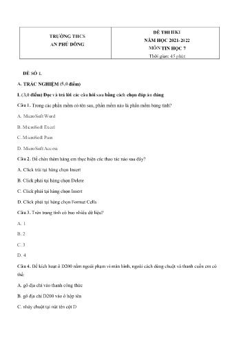 Đề thi học kì 1 môn Tin học Lớp 7 - Năm học 2021-2022 - Trường THCS An Phú Đông (Có đáp án)