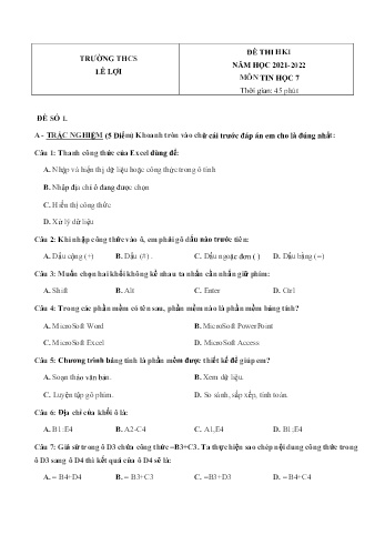 Đề thi học kì 1 môn Tin học Lớp 7 - Năm học 2021-2022 - Trường THCS Lê Lợi (Có đáp án)