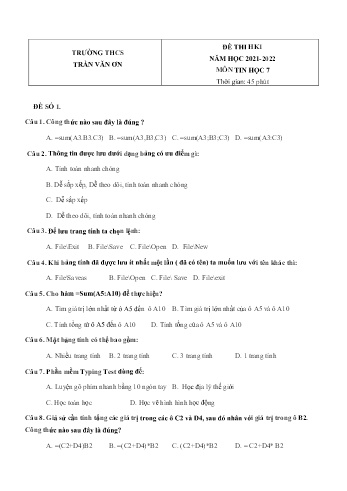 Đề thi học kì 1 môn Tin học Lớp 7 - Năm học 2021-2022 - Trường THCS Trần Văn Ơn (Có đáp án)