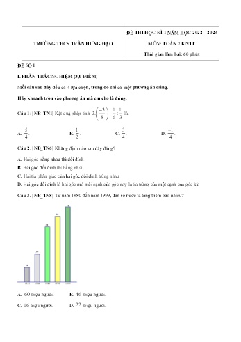Đề thi học kì 1 môn Toán Lớp 7 (Kết nối tri thức và cuộc sống) - Năm học 2022-2023 - Trường THCS Trần Hưng Đạo (Có đáp án)