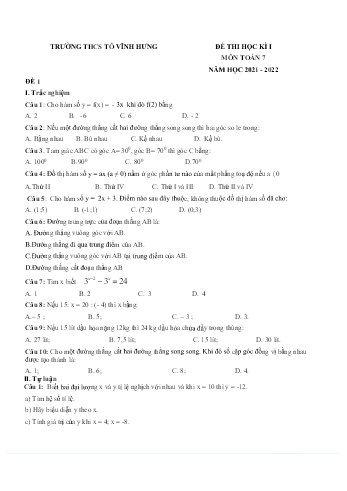 Đề thi học kì 1 môn Toán Lớp 7 - Năm học 2021-2022 - Trường THCS Tô Vĩnh Hưng (Có đáp án)