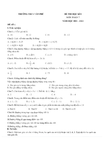 Đề thi học kì 1 môn Toán Lớp 7 - Năm học 2021-2022 - Trường THCS Văn Phú (Có đáp án)