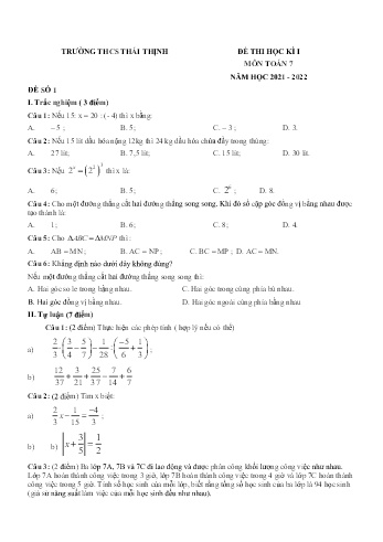 Đề thi học kì 1 môn Toán Lớp 7 - Năm học 2021-2022 - Trường THCS Thái Thịnh (Có đáp án)