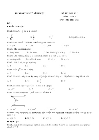 Đề thi học kì 1 môn Toán Lớp 7 - Năm học 2021-2022 - Trường THCS Tô Vĩnh Diện (Có đáp án)