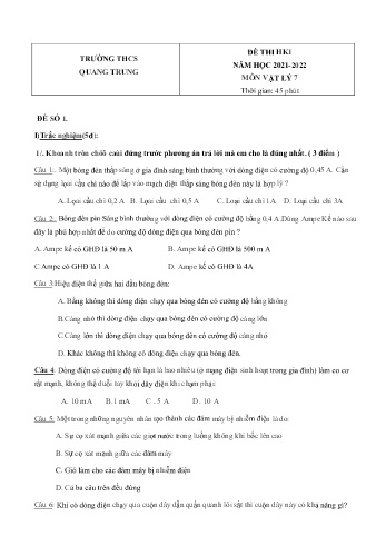 Đề thi học kì 1 môn Vật lý Lớp 7 - Năm học 2021-2022 - Trường THCS Quang Trung (Có đáp án)