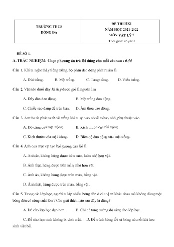 Đề thi học kì 1 môn Vật lý Lớp 7 - Năm học 2021-2022 - Trường THCS Đống Đa (Có đáp án)