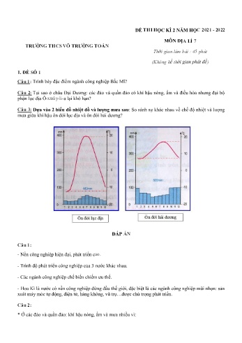 Đề thi học kì 2 môn Địa lí Lớp 7 - Năm học 2021-2022 - Trường THCS Võ Trường Toản (Có đáp án)