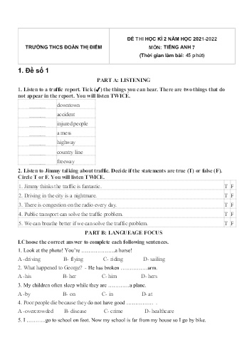 Đề thi học kì 2 môn Tiếng Anh Lớp 7 - Năm học 2021-2022 - Trường THCS Đoàn Thị Điểm (Có đáp án)