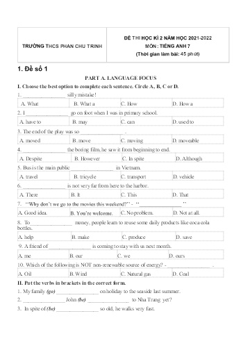 Đề thi học kì 2 môn Tiếng Anh Lớp 7 - Năm học 2021-2022 - Trường THCS Phan Chu Trinh (Có đáp án)