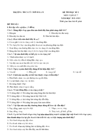 Đề thi học kì 2 môn Vật lý Lớp 7 - Năm học 2021-2022 - Trường THCS Cù Chính Lam (Có đáp án)