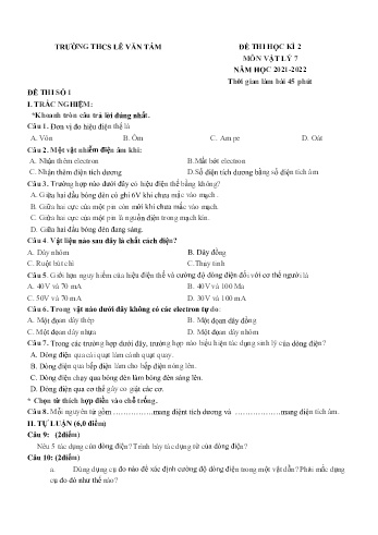 Đề thi học kì 2 môn Vật lý Lớp 7 - Năm học 2021-2022 - Trường THCS Lê Văn Tám (Có đáp án)