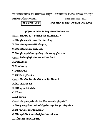 Đề thi học kì I môn Công nghệ Lớp 7 - Năm học 2021-2022 - Trường THCS Lý Thường Kiệt