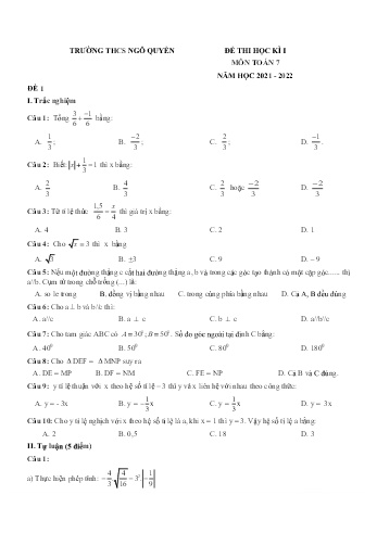 Đề thi học kì I môn Toán Lớp 7 - Năm học 2021-2022 - Trường THCS Ngô Quyền (Có đáp án)
