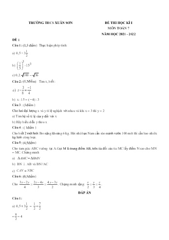 Đề thi học kì I môn Toán Lớp 7 - Năm học 2021-2022 - Trường THCS Xuân Sơn (Có đáp án)