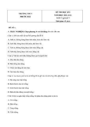 Đề thi học kì I môn Vật lý Lớp 7 - Năm học 2021-2022 - Trường THCS Phước Hải (Có đáp án)