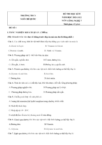 Đề thi học kì II môn Công nghệ Lớp 7 - Năm học 2021-2022 - Trường THCS Ngô Chí Quốc (Có đáp án)