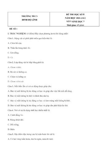 Đề thi học kì II môn Sinh học Lớp 7 - Năm học 2021-2022 - Trường THCS Đinh Bộ Lĩnh (Có đáp án)