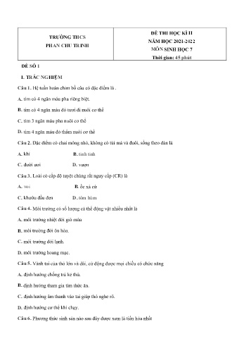 Đề thi học kì II môn Sinh học Lớp 7 - Năm học 2021-2022 - Trường THCS Chu Trinh (Có đáp án)