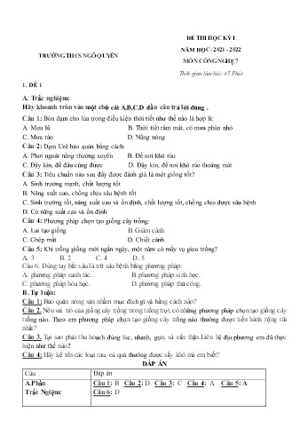 Đề thi học kỳ I môn Công nghệ Lớp 7 - Năm học 2021-2022 - Trường THCS Ngô Quyền (Có đáp án)
